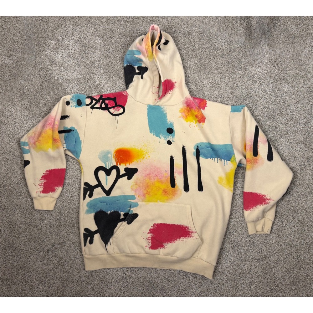 PacSun Hoodie Men XL Cream Good Graffiti Art Spray Paint Hearts Streetwear